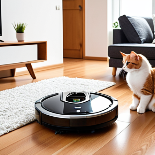 Home 11 **
A modern living room, warmly lit, with a robot vacuum cleaner diligently cleaning pet hair from a hardwood floor. A fluffy cat watches with curiosity. Focus on the cleanliness of the floor and the advanced technology of the robot (HEPA filter detail subtly visible). Style: Clean, bright, slightly stylized photography. Polish home decor elements included.
**