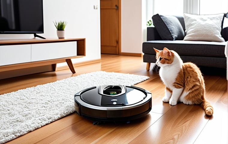 **
A modern living room, warmly lit, with a robot vacuum cleaner diligently cleaning pet hair from a hardwood floor. A fluffy cat watches with curiosity. Focus on the cleanliness of the floor and the advanced technology of the robot (HEPA filter detail subtly visible). Style: Clean, bright, slightly stylized photography. Polish home decor elements included.
**