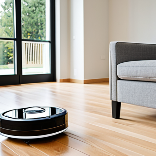 Home 6 A sleek, advanced robot vacuum cleaner with integrated mopping capabilities, smoothly navigating a pristine, modern living room. The robot is actively cleaning a light-colored hardwood floor, reflecting natural light from large windows. The room is decorated with minimalist, elegant furniture and subtle, contemporary decor, creating a peaceful and efficient atmosphere. This professional photography showcases the robot's precise movement and high-quality design within a clean home environment. safe for work, appropriate content, fully clothed, professional, family-friendly, perfect anatomy (of scene elements), correct proportions (of scene elements), natural pose (of overall scene).